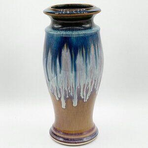 Bill Campbell Studio Pottery Double Drip Glaze Blue Brown Urn Vase Signed 10"